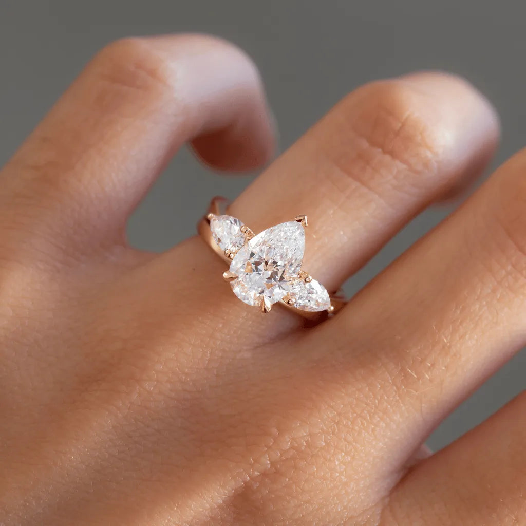 Elara 2 Carat Lab-Grown Pear Diamond Three-Stone Engagement Ring in Yellow Gold