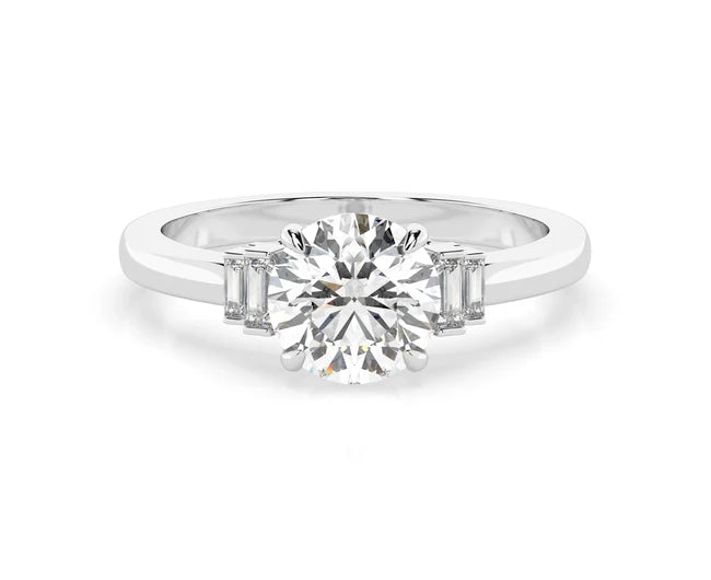 Art Deco 1.5 Ct Round Cut Lab Grown Diamond Side Sleek Baguatte Diamond