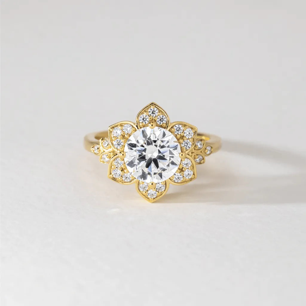 2 Carat Lab Grown Round Diamond Floral Engagement Gold Ring