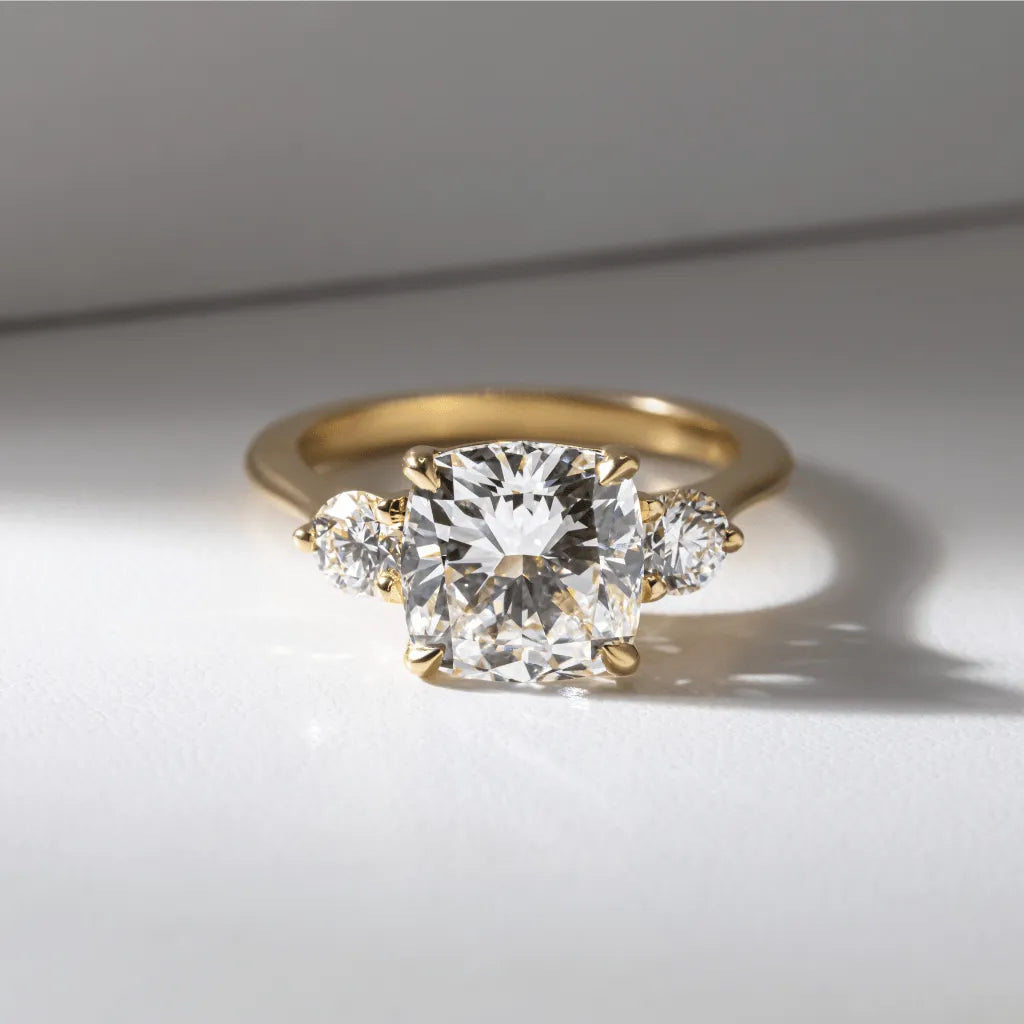 2 Carat Lab-Grown Cushion Diamond Three-Stone Ring with Yellow Gold Setting – Isolde