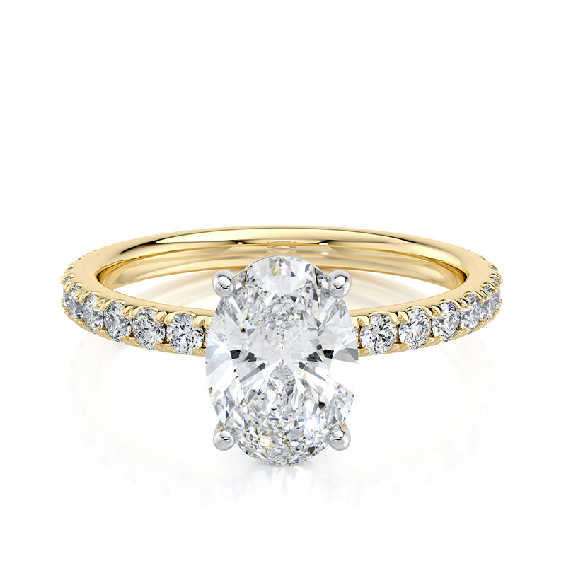 2CT Oval E-VVS2 Lab Grown Diamond Engagement Ring Pave Set Band half way Around Diamond