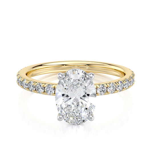 2CT Oval E-VVS2 Lab Grown Diamond Engagement Ring Pave Set Band half way Around Diamond