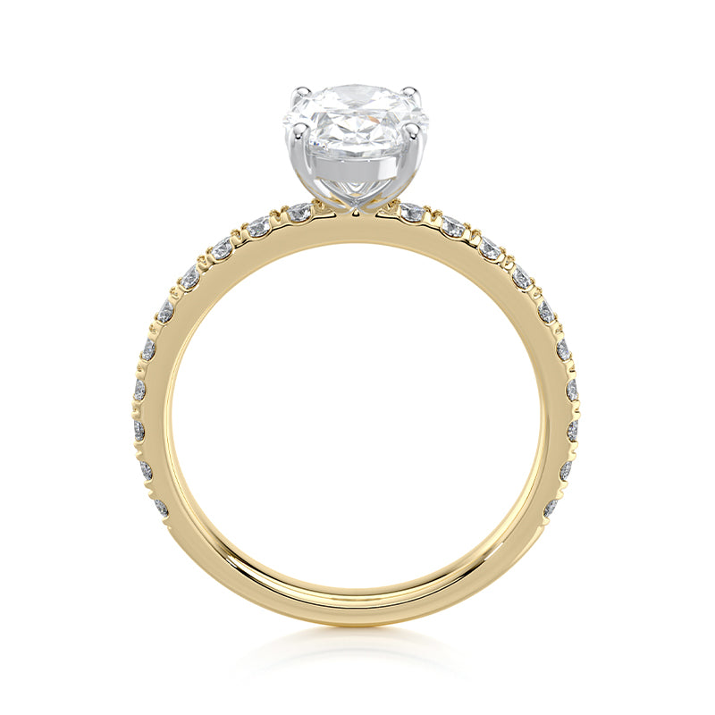 2CT Oval E-VVS2 Lab Grown Diamond Engagement Ring Pave Set Band half way Around Diamond