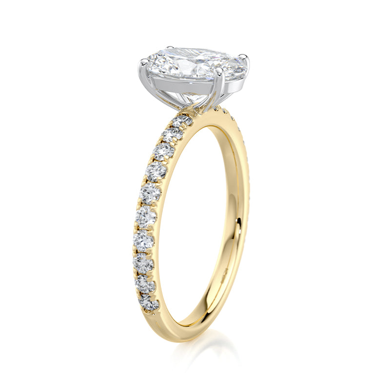 2CT Oval E-VVS2 Lab Grown Diamond Engagement Ring Pave Set Band half way Around Diamond