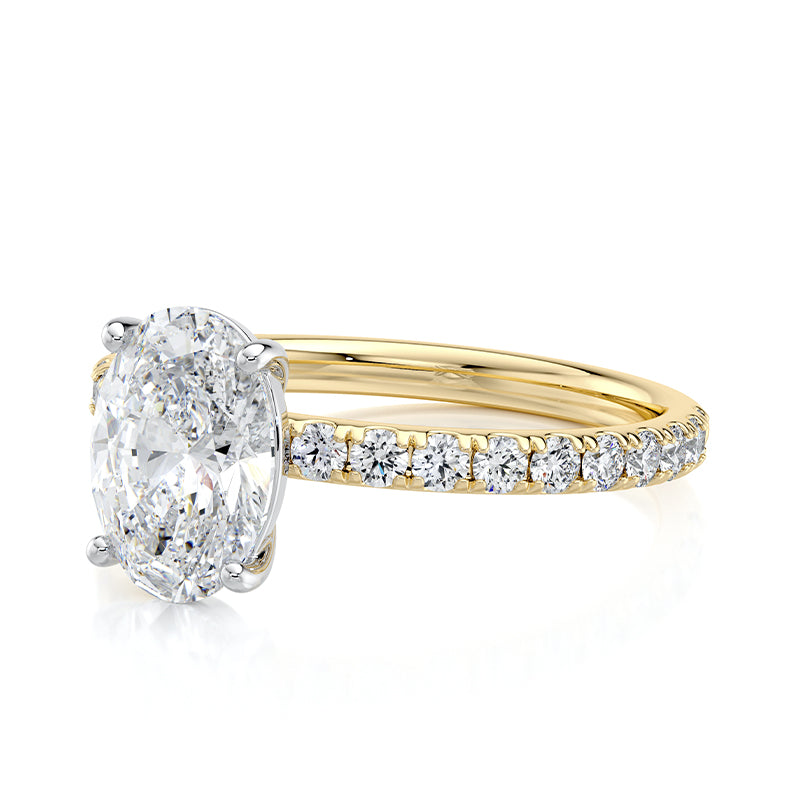 2CT Oval E-VVS2 Lab Grown Diamond Engagement Ring Pave Set Band half way Around Diamond