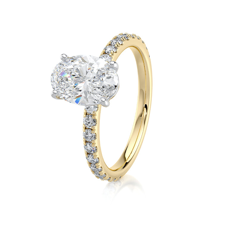 2CT Oval E-VVS2 Lab Grown Diamond Engagement Ring Pave Set Band half way Around Diamond