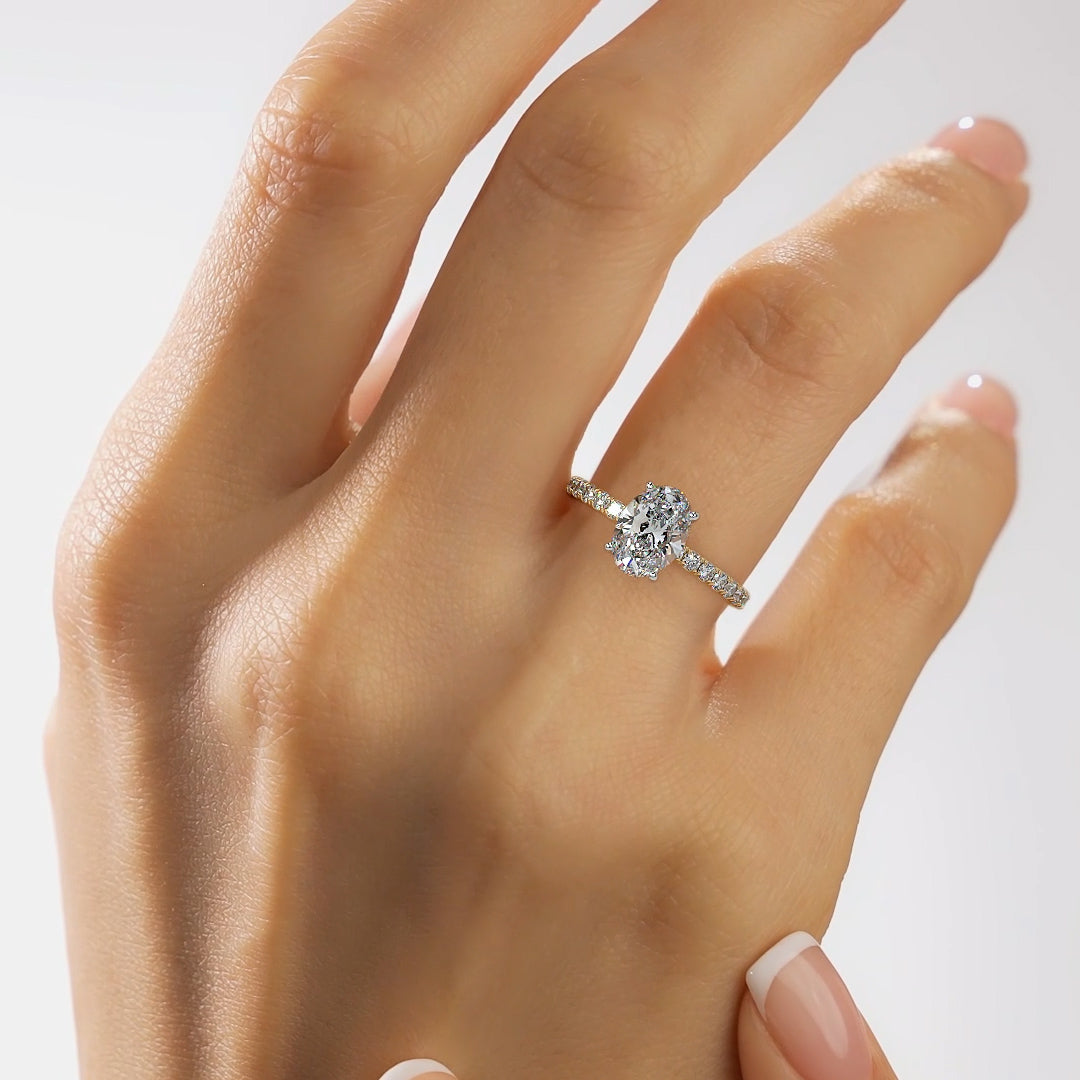 2CT Oval E-VVS2 Lab Grown Diamond Engagement Ring Pave Set Band half way Around Diamond