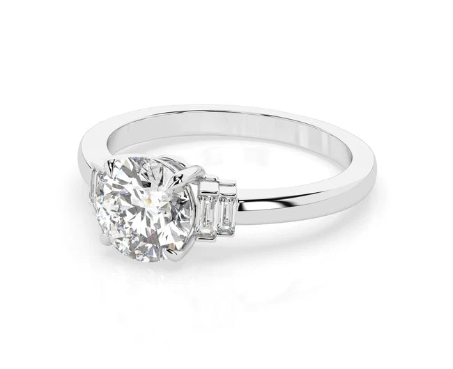 Art Deco 1.5 Ct Round Cut Lab Grown Diamond Side Sleek Baguatte Diamond