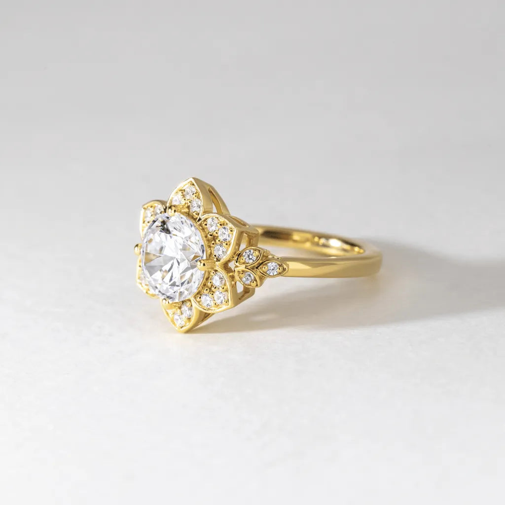2 Carat Lab Grown Round Diamond Floral Engagement Gold Ring