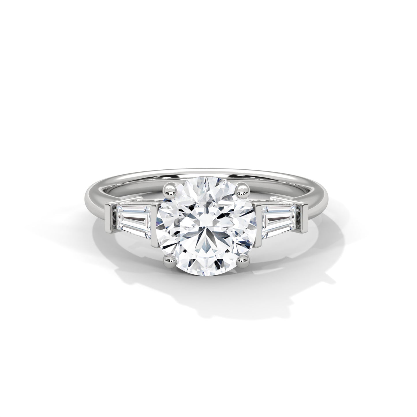 1 CT Round E VVS2 Lab-Grown Diamond Engagement Ring, Trilogy with Side Baguette Diamonds, 14K Gold