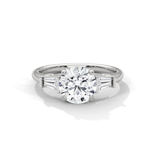 1 CT Round E VVS2 Lab-Grown Diamond Engagement Ring, Trilogy with Side Baguette Diamonds, 14K Gold