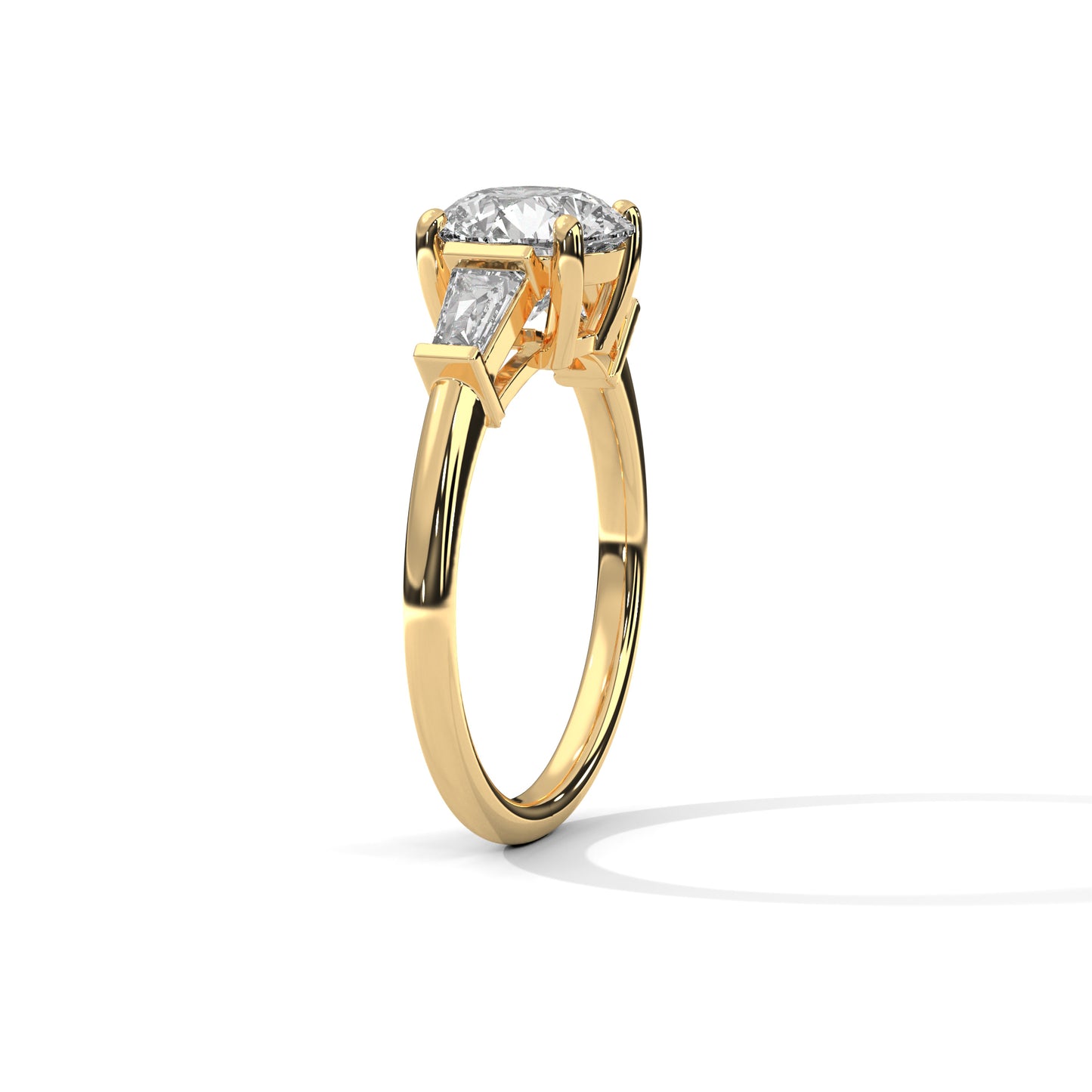 1 CT Round E VVS2 Lab-Grown Diamond Engagement Ring, Trilogy with Side Baguette Diamonds, 14K Gold