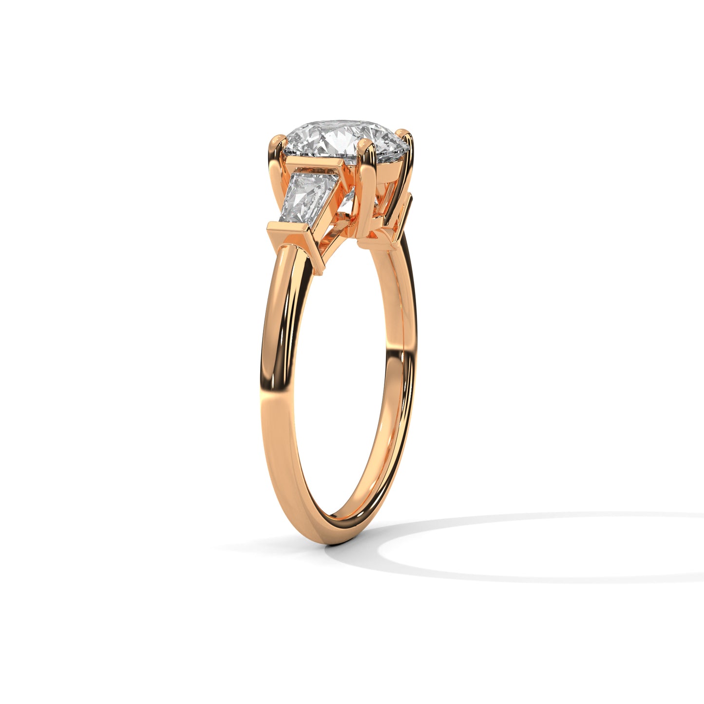 1 CT Round E VVS2 Lab-Grown Diamond Engagement Ring, Trilogy with Side Baguette Diamonds, 14K Gold