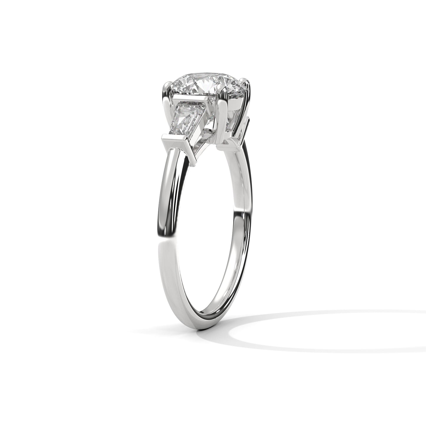 1 CT Round E VVS2 Lab-Grown Diamond Engagement Ring, Trilogy with Side Baguette Diamonds, 14K Gold