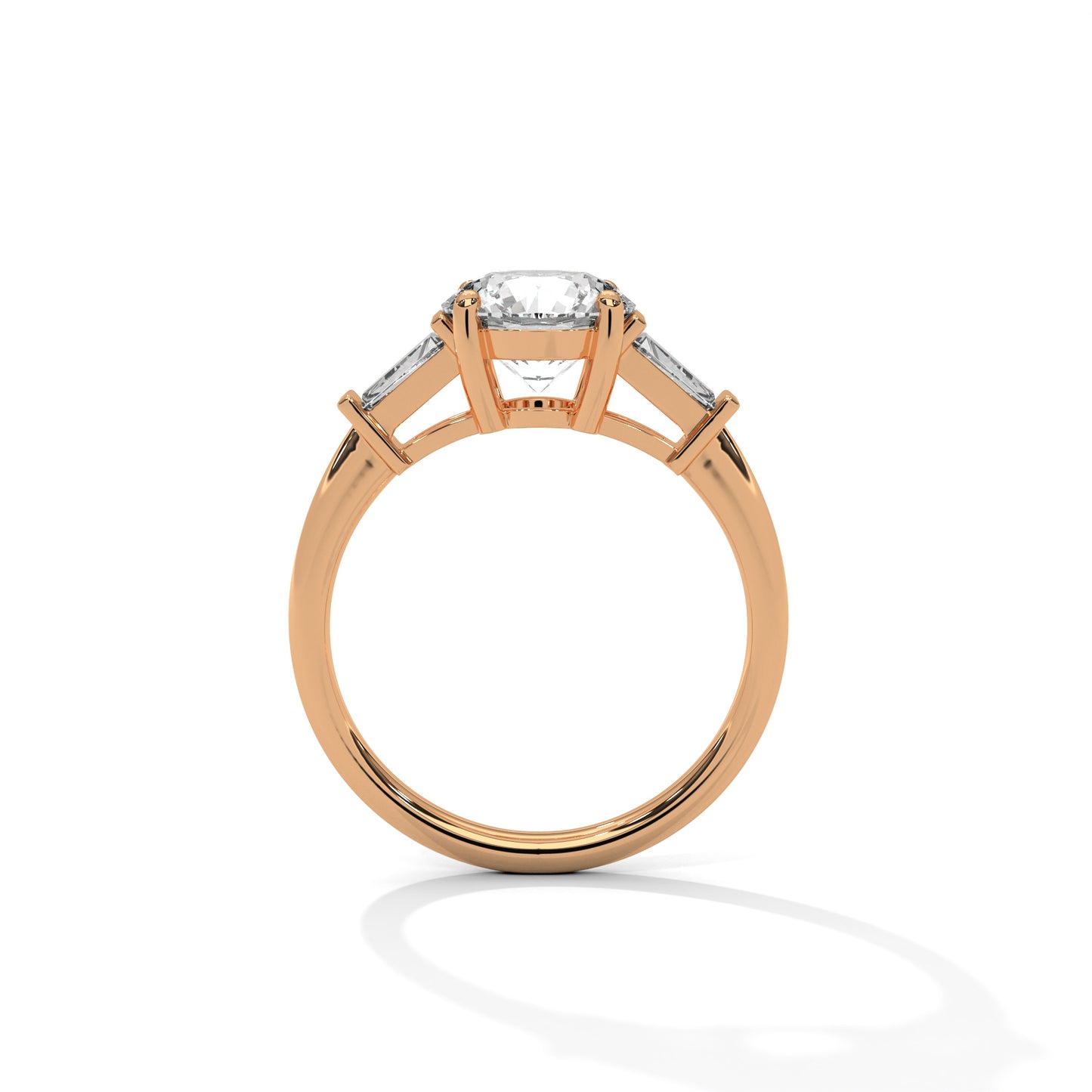 1 CT Round E VVS2 Lab-Grown Diamond Engagement Ring, Trilogy with Side Baguette Diamonds, 14K Gold