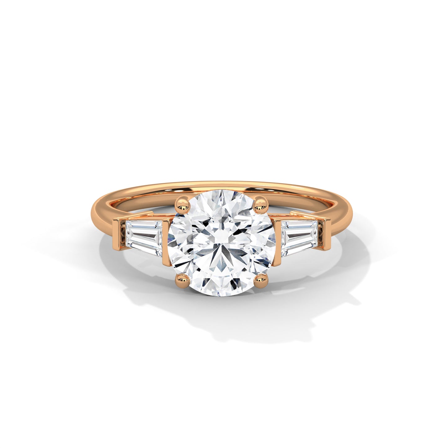 1 CT Round E VVS2 Lab-Grown Diamond Engagement Ring, Trilogy with Side Baguette Diamonds, 14K Gold