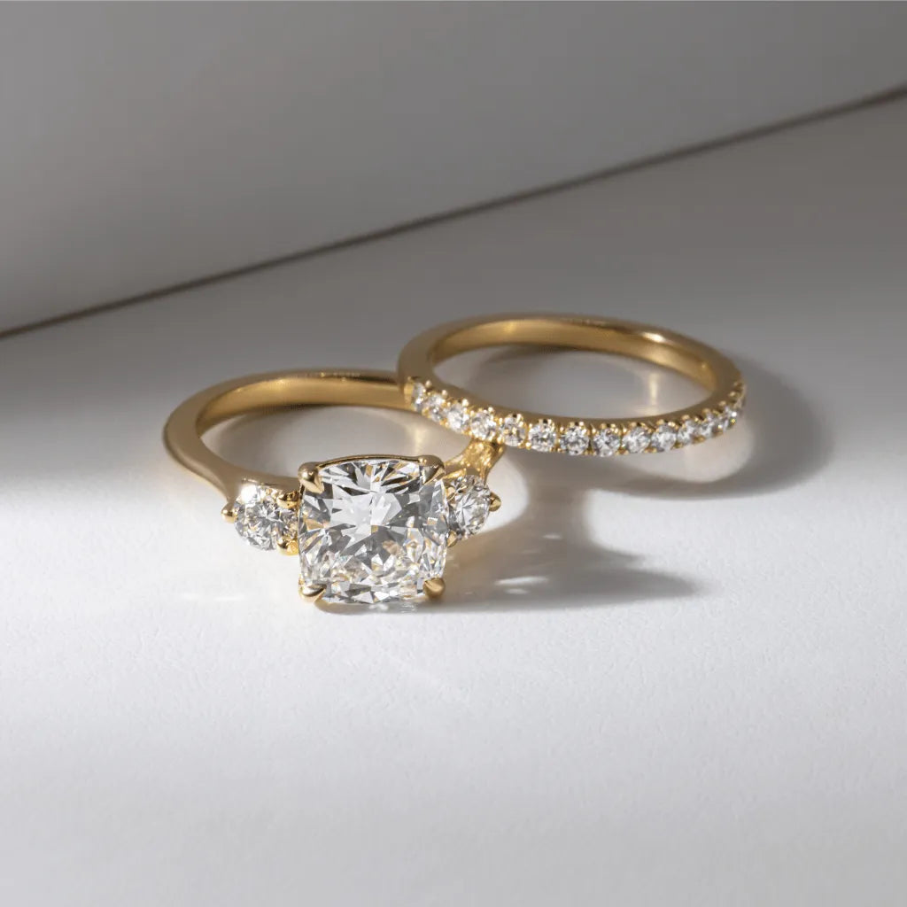 2 Carat Lab-Grown Cushion Diamond Three-Stone Ring with Yellow Gold Setting – Isolde