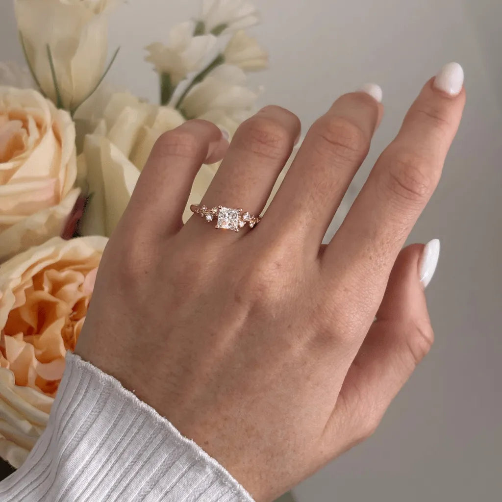 1.00 Carat Princess Cut Lab Grown Diamond Cluster Engagement Ring in Yellow Gold – Golden Star
