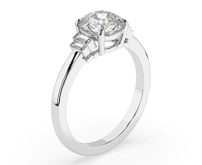 Art Deco 1.5 Ct Round Cut Lab Grown Diamond Side Sleek Baguatte Diamond