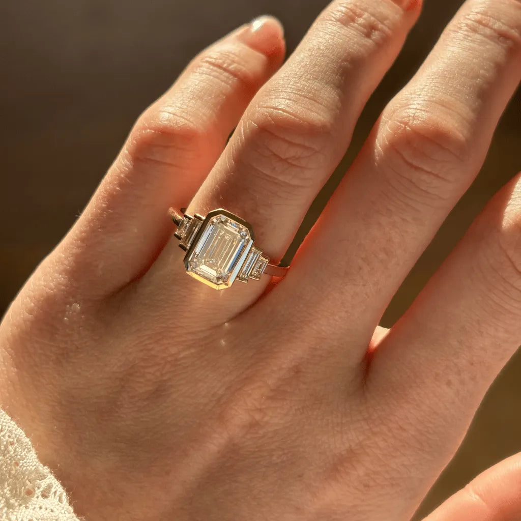3 Carat Lab-Grown Emerald-Cut Diamond Bezel-Set Engagement Ring in Yellow Gold – Calista