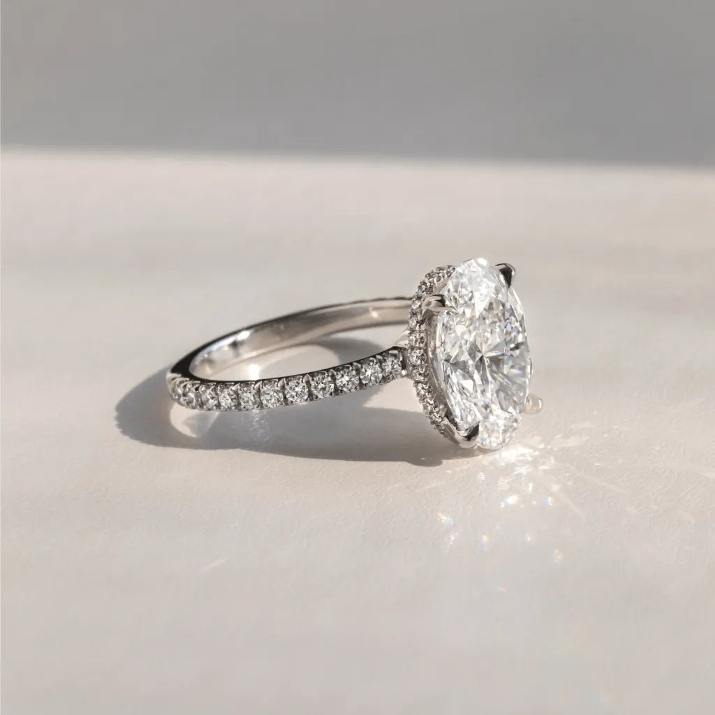 3.50 Carat Oval Lab Grown Diamond Concealed Halo Engagement Ring – Elowen