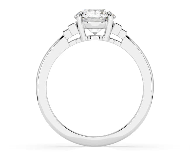Art Deco 1.5 Ct Round Cut Lab Grown Diamond Side Sleek Baguatte Diamond