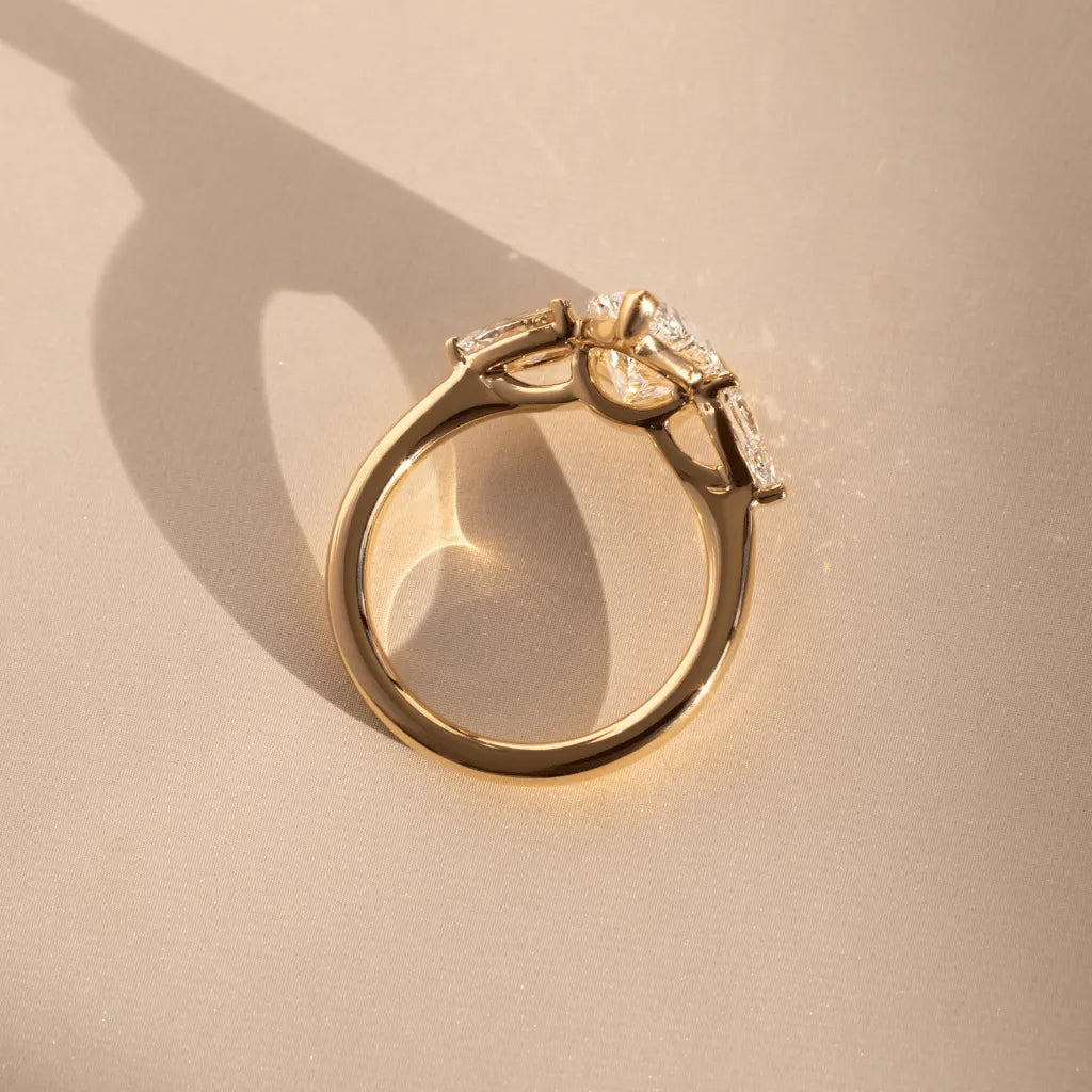Elara 2 Carat Lab-Grown Pear Diamond Three-Stone Engagement Ring in Yellow Gold