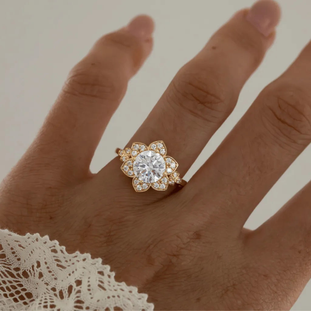 2 Carat Lab Grown Round Diamond Floral Engagement Gold Ring