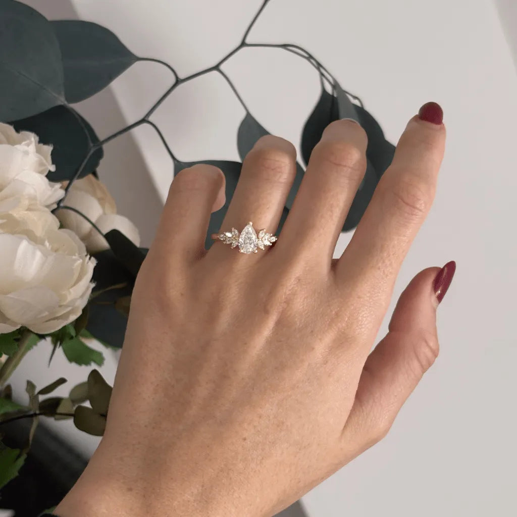 1.50 Carat Pear Cut Lab Grown Diamond Cluster Engagement Ring in Yellow Gold – Solenne